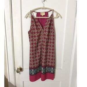 Skies‎ Are Blue Pink Medallion Print Racerback Mini Dress Boho V-Neck Medium